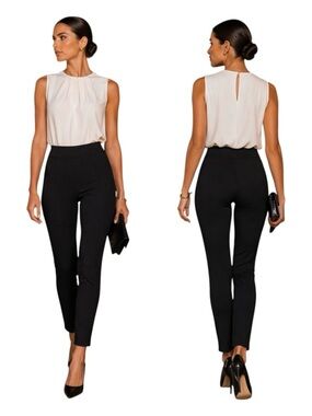 St John Black Tiffany Ponte Skinny Pants Side Zip Split Cuffs Excellent Size 4